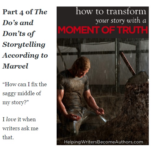 Image shows the start of a blog post, with title text: "Part 4 of The Do's and Don'ts of Storytelling According to Marvel" and introduction: " 'How can I fix the saggy middle of my story?' I love it when writers ask me that."