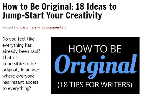 Image shows screenshot of the start of a blog post. Title: "How to Be Original: 18 Ideas to Jump-Start Your Creativity". Introduction text: "Do you feel like everything has already been said? That it's impossible to be original, in an age where everyone has instant access to everything?