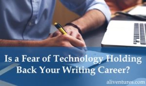 Image shows man writing at laptop.