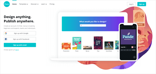 The Canva website for their design/publishing software.