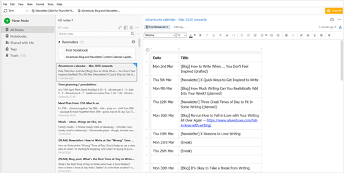 An example of Evernote in use, showing the blog post calendar for Aliventures during March