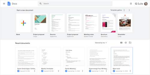 A screenshot of Google Docs in use, showing template options plus recent documents