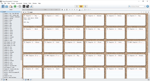 An example of Scrivener in use, showing index cards for a novel