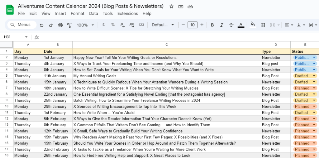 Screenshot of a spreadsheet titled Aliventures Content Calendar 2024 (Blog Posts & Newsletters), with columns for day, date, title, type, and status (published, drafted, or planned).