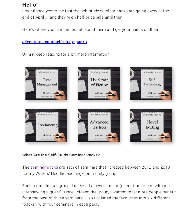 Screenshot of an Aliventures newsletter sharing the news of a closing down sale for the Self-Study Seminar Packs