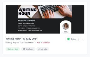 Screenshot of the writing hour for 13th May, scheduled in the Writers' Cafe