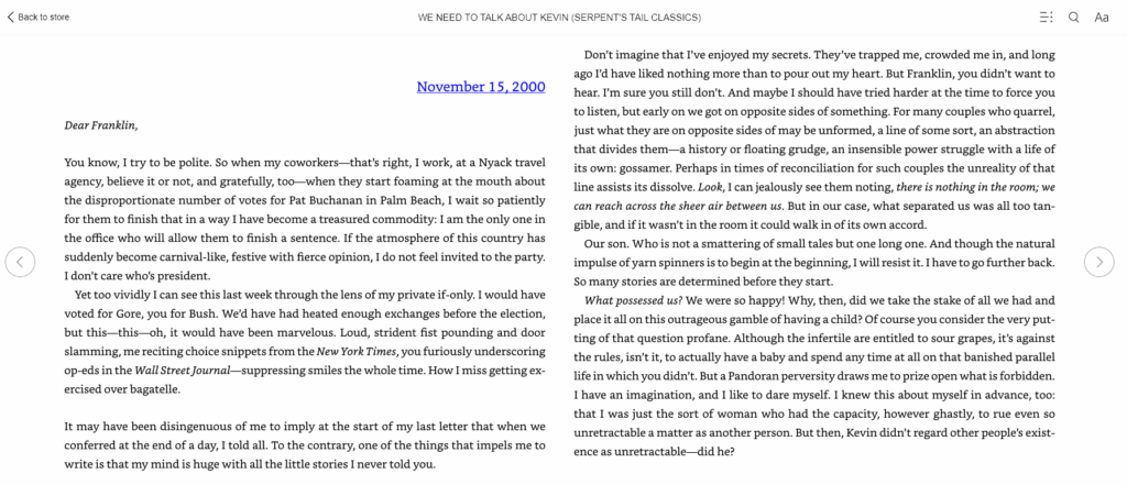 Two pages of We Need to Talk About Kevin