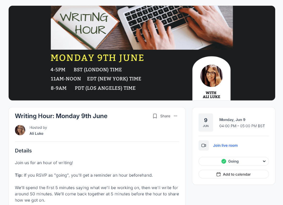writing-hour-image-for-av-cafe-page Screenshot of the writing hour for 13th May, scheduled in the Writers' Cafe