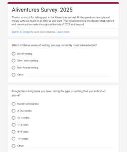 Aliventures survey form from 2025