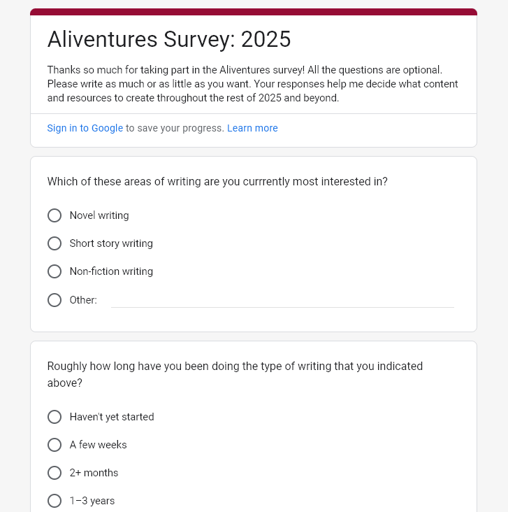 Aliventures survey form from 2025