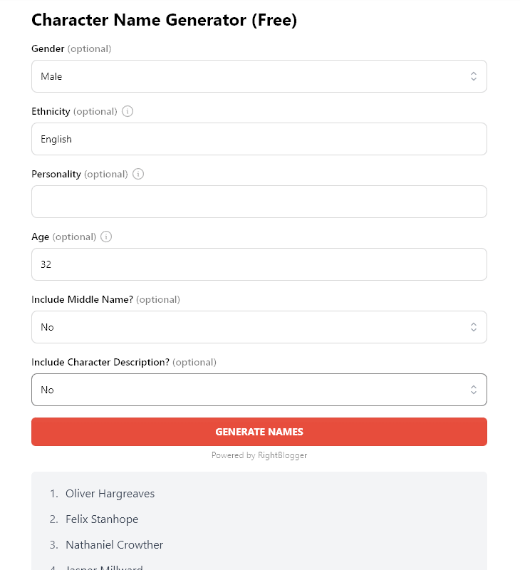 Character name generator example