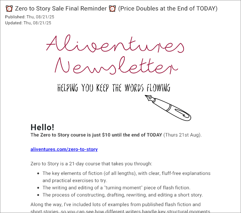 Screenshot of an Aliventures newsletter sharing the news of a closing down sale for the Self-Study Seminar Packs