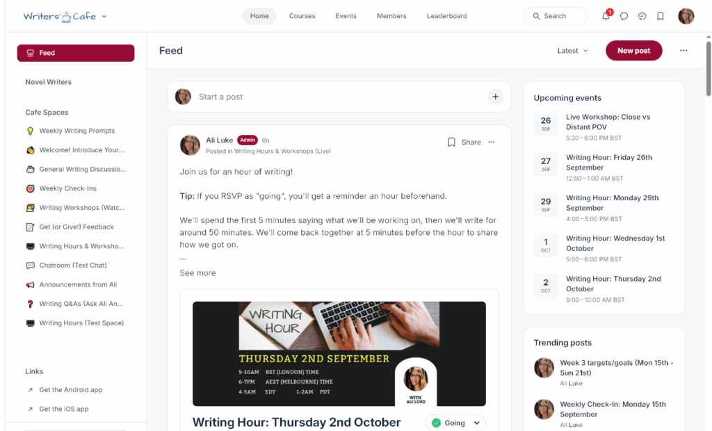 The Writers' Cafe homepage (September 2025)
