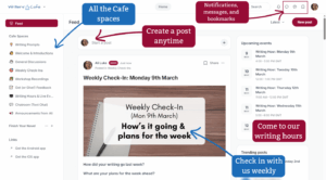 The main feed of Writers' Cafe, showing a recent check-in post