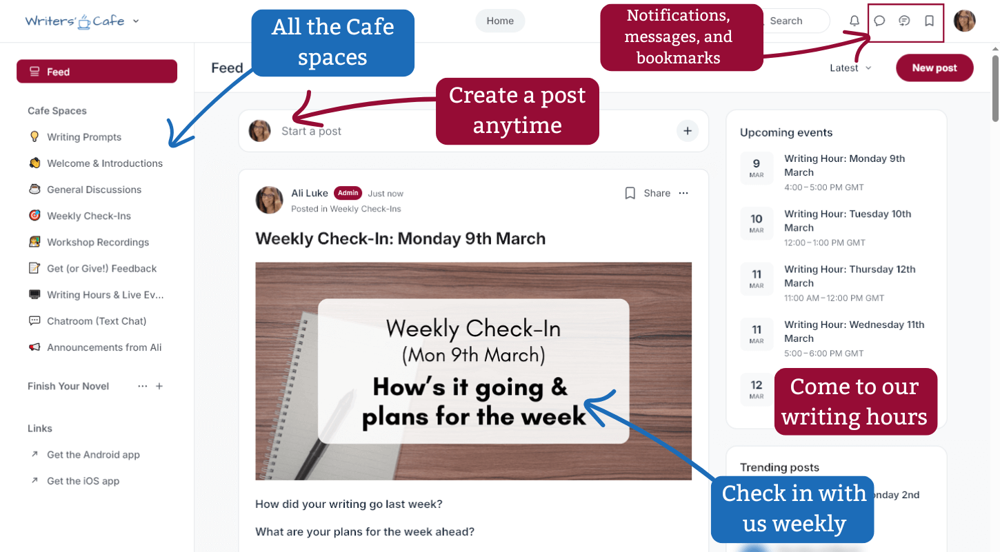 The main feed of Writers' Cafe, showing a recent check-in post