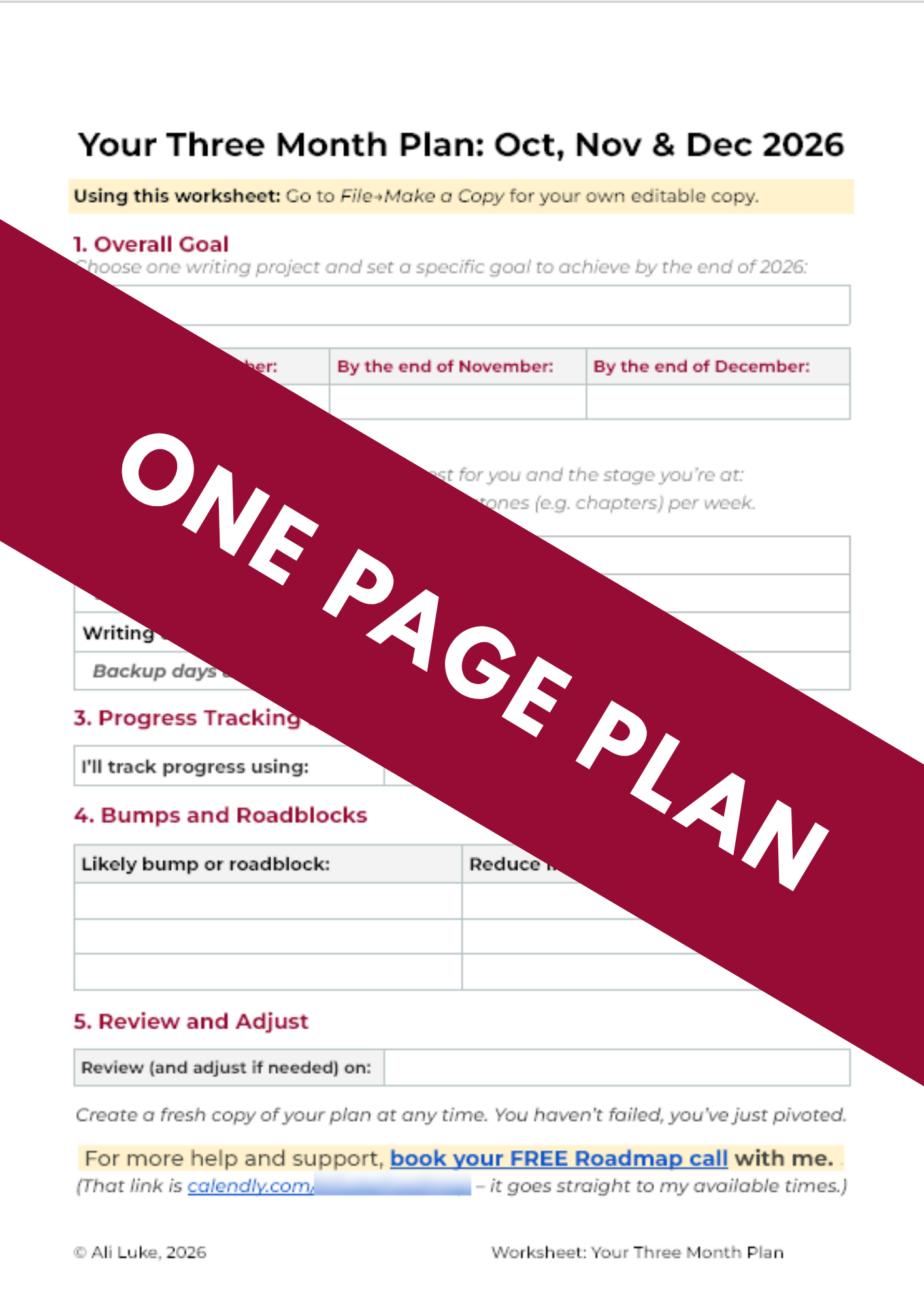 Image of the one page plan worksheet